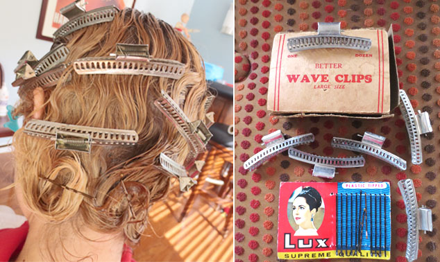 I love the 20s feminine ritual of pin curling one's hair. I bought these wave clips and Elizabeth Taylor bobby pins on eBay years ago. It takes about 15 minutes to set my hair,  and then you can either sit under a dryer or take them out before bed and wrap a silk scarf around your head so your hair doesn't frizz by morning. The curl stays in for several days.