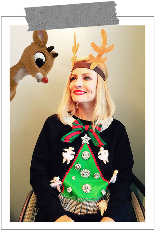 Magdalena of Pretty Cripple  modeling a DIY Jamie Kreitman Ugly Christmas Sweater just before roasting Rudolph