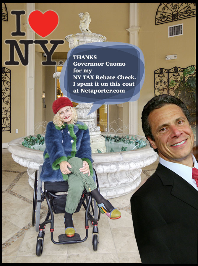 Governor Cuomo tax rebate and a constituent in her new faux fur Shrimps coat from Netaporter.com
