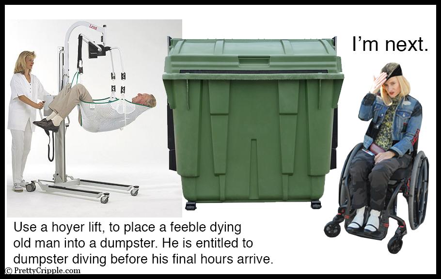 Old man being lifted into a dumpster while wheelchair fashion blogger waits her turn to go dumpster diving.