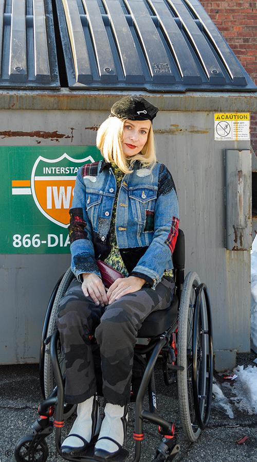 Wheelchair Disabled Street Style blogger wearing Junya Watanabe patchwork denim jacket