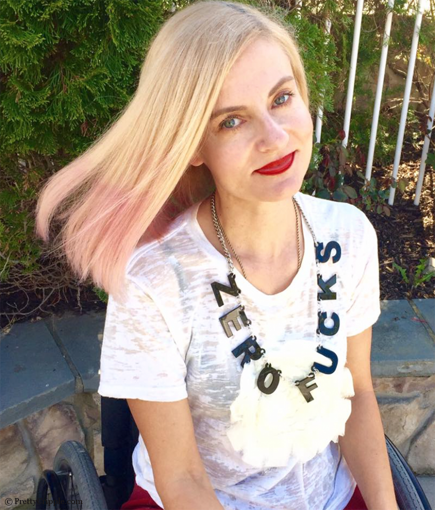 Zero Fucks necklace - wheelchair street style - pink pastel hair