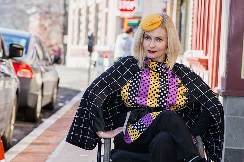 Wheelchair fashion blogger wearing Duro Olowu cape
