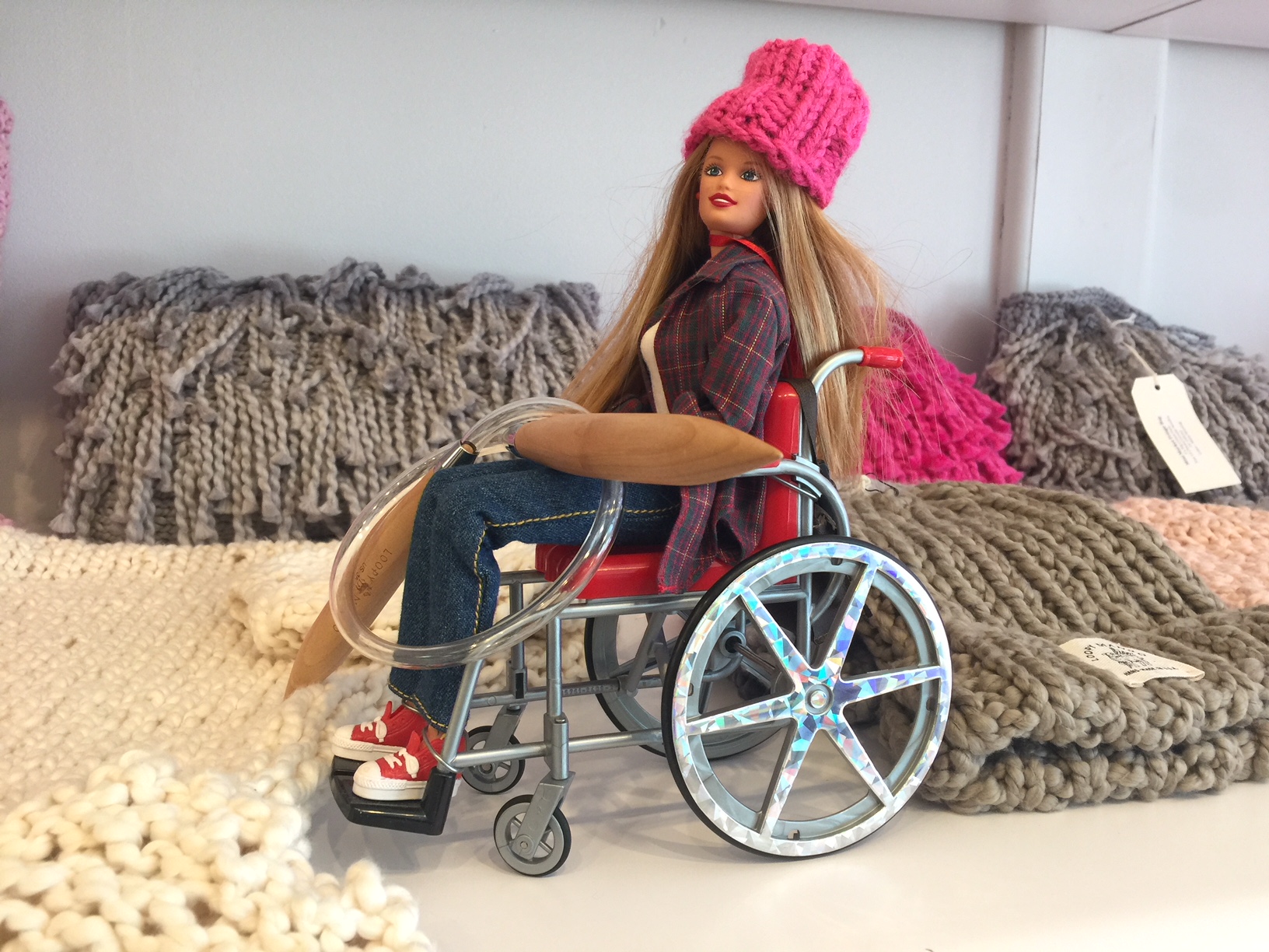 Wheelchair Barbie in Loopy Mango yarn store Beacon NY