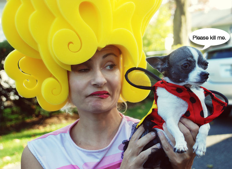 PrettyCripple in bouffant wig and Mirdle the Chihuahua in ladybug costume