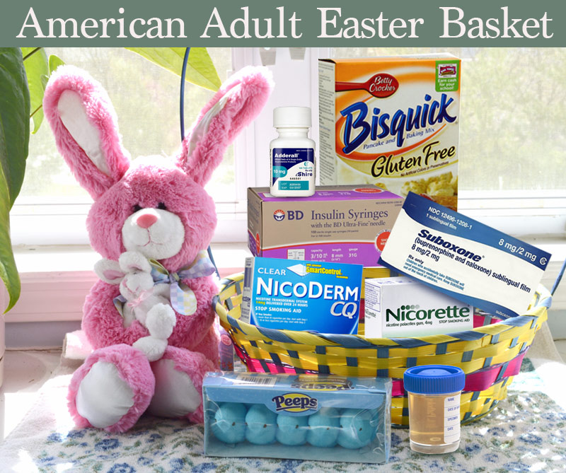 Adult Easter baskets filled with nicorette gum, urine specimen cup, gluten free bisquick and insulin needles