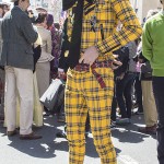 yellow plaid street style with creepers at the nyc easter hat parade. Love his moustache.