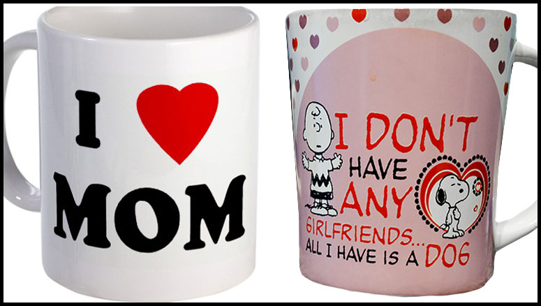 I love mom coffee mug and I don't have girlfriends mug with Charlie Brown and Snoopy
