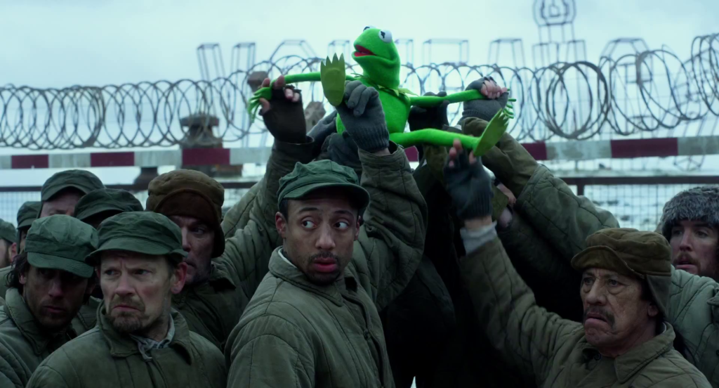 Kermit in a gulag from the movie the Muppets Most Wanted