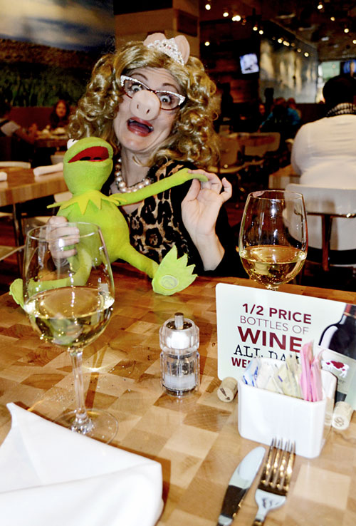Me and Kermit enjoying our 1/2 off bottles of wine with the girls.