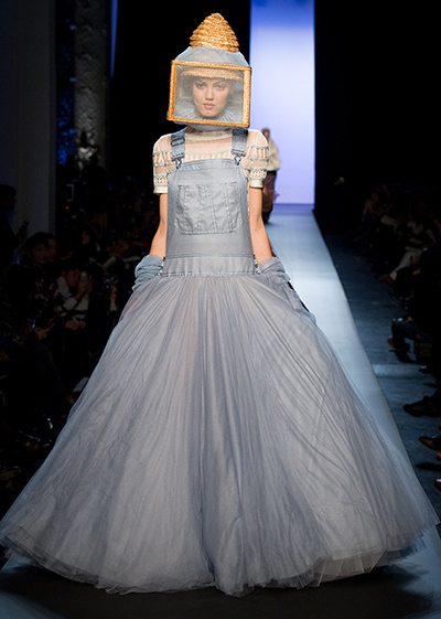 Jean Paul Gaultier denim bee keeper overall gown Couture week 2015