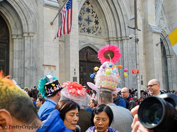 Woman with huge potted plant on her head easter hat parade