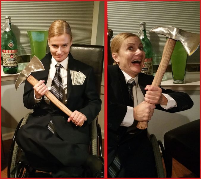 Wheelchair disabled woman dressed as Patrick Bateman in American Psycho